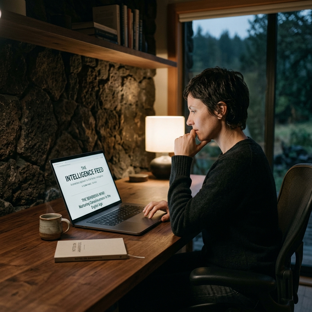 A conscious technologist reading The Intelligence Feed newsletter at a sovereign workspace